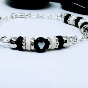 Elegant Black and White Heart Bracelet & Earring Set